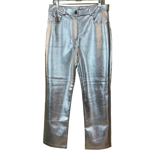 7 For All Mankind High Rise Vegan Leather Silver Metallic 5-pkt Pants NWT Large - Picture 1 of 13